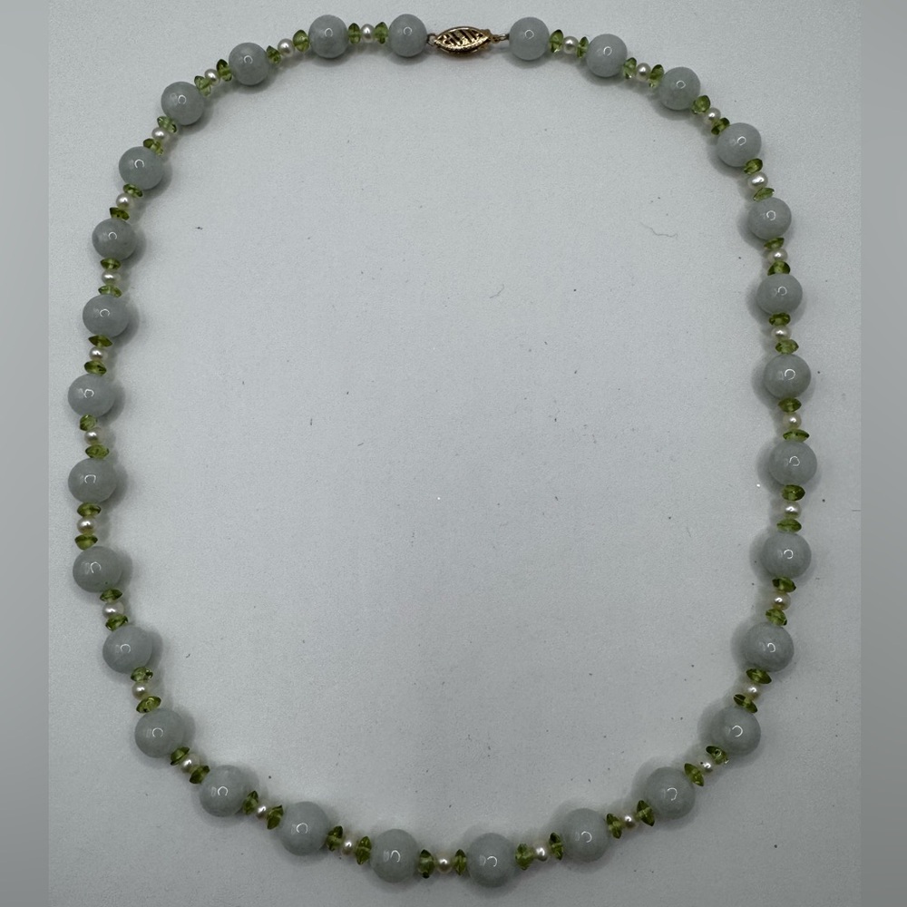 Gold Stone Jewelry Jade Pearl Peridot 14k Clasp Beaded Strand Necklace G.S.J. - Picture 2 of 12